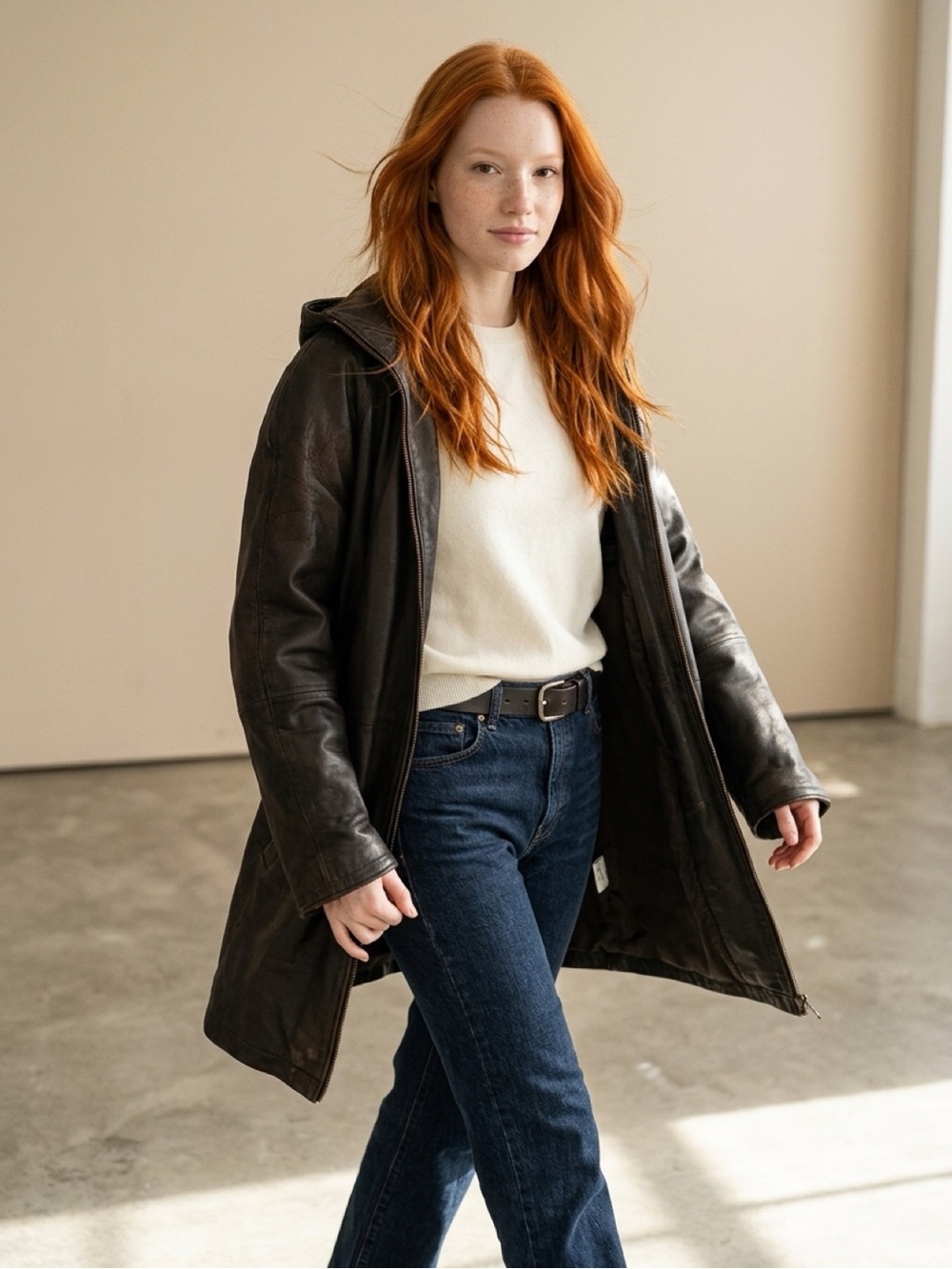 Amalfi Black Leather Hooded Coat